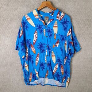 Pineapple Connection Shirt Mens L Blue Surfboard Palm Tree Rayon Hawaiian Casual